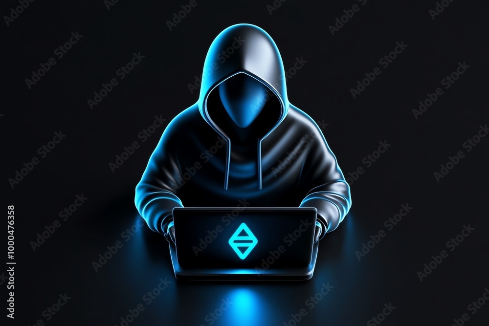 Poster minimalist hacker icon, with a sleek, simple design of a hooded figure and a laptop, representing di