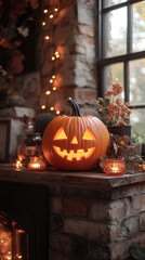Lit jack-o'-lantern on a mantel with string lights