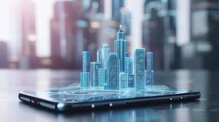 A 3D holographic city rises from a smartphone, symbolizing modern urban technology. The digital city features skyscrapers and futuristic elements, representing smart cities and technological