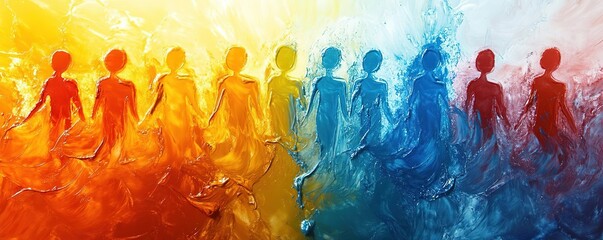 Vibrant abstract art featuring intertwined silhouettes representing connection and unity in a colorful landscape of hues.