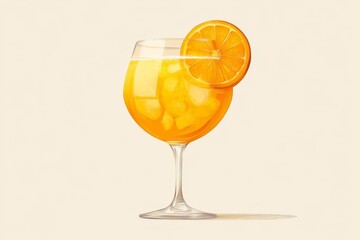 Illustration of a large cocktail glass filled with orange juice and ice garnished with a citrus slice set against a soft beige background