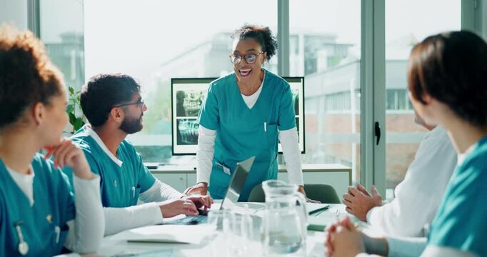 Boardroom, hospital or presentation with doctors and nurses in meeting for surgery success. Applause, monitor or x ray with professional people in clinic for healthcare or medical breakthrough