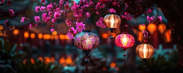 Obraz premium Hanging lanterns in a garden, vibrant and festive, Urban, Bright hues, Photograph, Evening charm