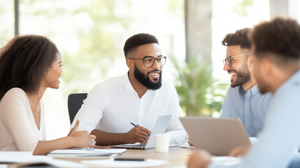 Collaborative meeting with diverse professionals discussing ideas in bright office. atmosphere is engaging and productive, showcasing teamwork and creativity.