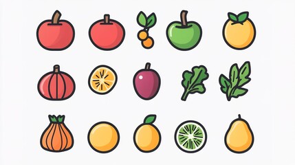 A minimalistic and simple icon design featuring a variety of fruits and vegetables. This clean and modern representation highlights the beauty of fresh produce, combining elements like apples, carrots