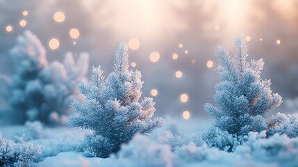 Naklejka premium Small snow-covered pine trees surrounded by soft fog and glowing light bokeh create a magical winter landscape