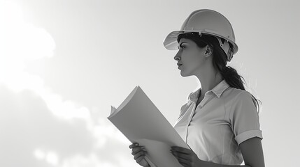 A woman architect in a hard hat reviews construction plans in a striking black-and-white setting. The image emphasizes professionalism, architecture, and the meticulous nature of the construction