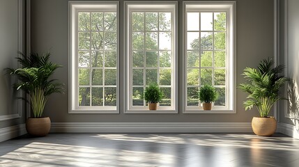 Fototapeta premium Large windows with natural light streaming in, three potted plants in the corner of a room with hardwood floor