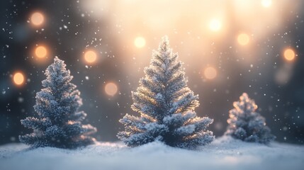 Frosty pine trees softly illuminated by warm bokeh lights create a magical winter wonderland in a serene foggy setting