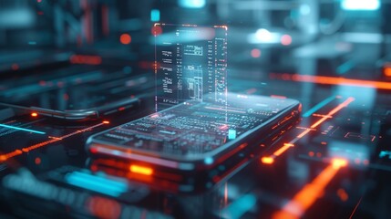 A futuristic smartphone with an illuminated holographic interface projects data above its surface. This high-tech digital scene highlights innovation and mobile connectivity in a modern, abstract