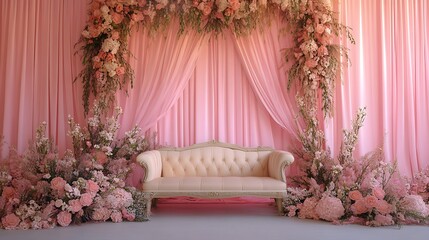 Elegant wedding stage decorated with pink flowers and drapes, featuring a white sofa.