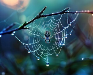 Morning dew on a spider web, delicate and detailed, Nature, Cool tones, Photograph, Natural wonder