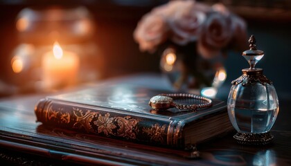 Nostalgic items on a vintage table, charming and detailed, Vintage, Soft tones, Photograph, Retro charm