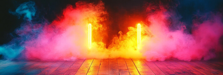 Neon lights illuminate a smoky, dark room with colorful hues.