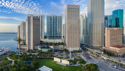 Downtown Miami with morning traffic, skyscrapers and Bayfront Park along the waterfront, Florida, United States.