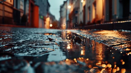 Rainy street in a city, dynamic and moody, Urban, Cool tones, Photograph, Urban life