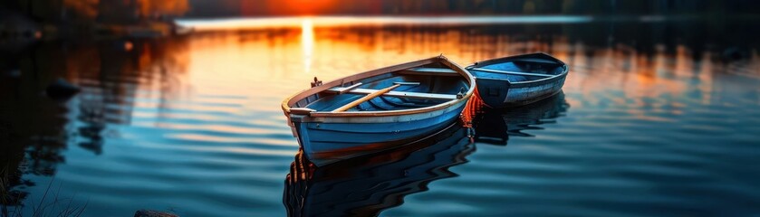 Obraz premium Rowboats on a serene lake, peaceful and inviting, Coastal, Soft hues, Photograph, Water journey
