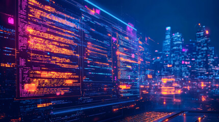 Glowing code in a vibrant nightscape