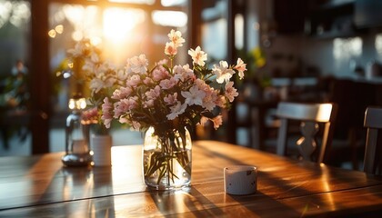 Sunlit dining table with fresh flowers, inviting and elegant, Urban, Soft hues, Photograph, Culinary charm
