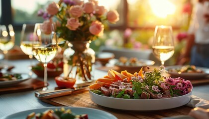 Sunlit dining table with fresh flowers, inviting and elegant, Urban, Soft hues, Photograph, Culinary charm