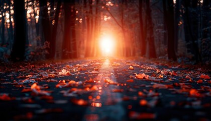 Sunlit forest path in autumn, serene and colorful, Nature, Warm tones, Photograph, Seasonal walk