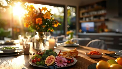 Sunlit dining table with fresh flowers, inviting and elegant, Urban, Soft hues, Photograph, Culinary charm