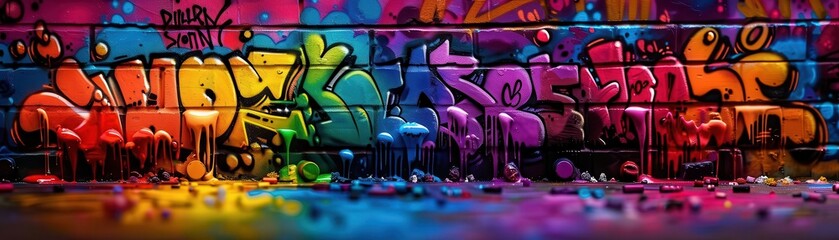Vibrant graffiti on a city wall, dynamic and artistic, Urban, Bright hues, Photograph, Street culture