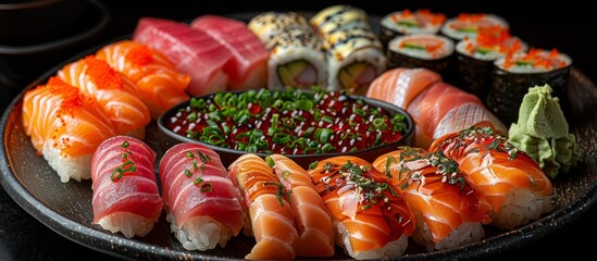 A vibrant sushi platter with assorted nigiri, sashimi, and rolls garnished with chives and a side of wasabi.