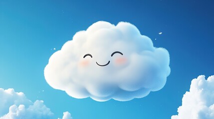 A cheerful little cloud floating in a bright blue sky, radiating happiness with its soft, fluffy texture and gentle smile.