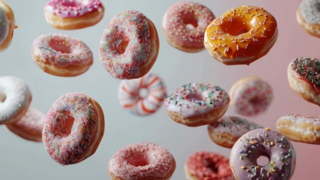donuts falling on blue background, top view