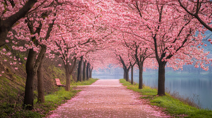 Naklejka premium Cherry trees by a tranquil lake path