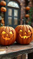 Obraz premium Two jack-o'-lanterns with glowing faces sit on a wooden table.
