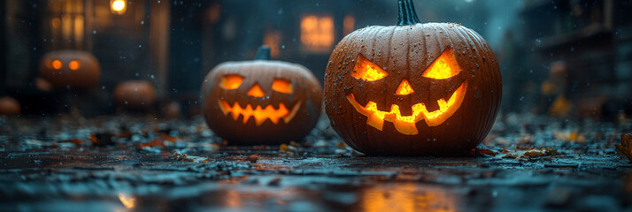 Lit jack-o-lanterns on a rainy Halloween night.
