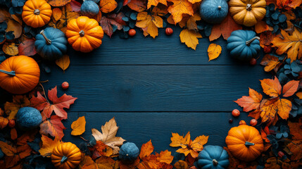 Autumnal pumpkins and leaves on a dark blue wood background.