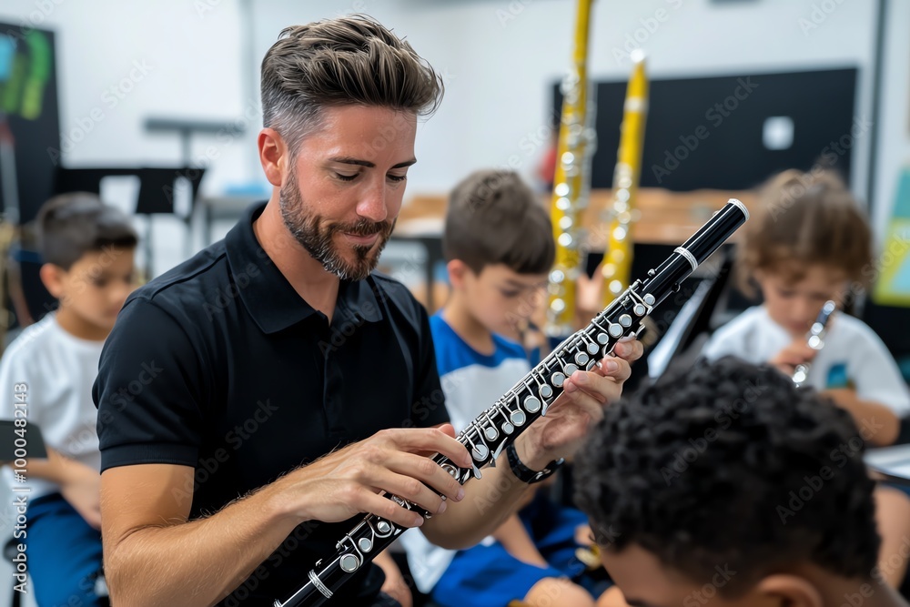 Poster Music teacher instructing a small group of students, showing them how to play simple notes on a flute or clarinet in a classroom filled with instruments