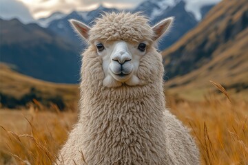 Fototapeta premium A fluffy alpaca stands in a grassy field with mountains in the background.