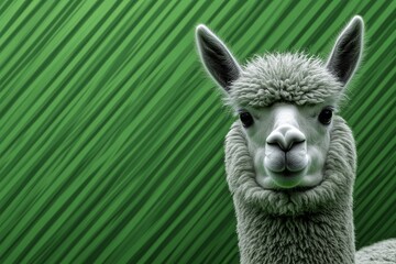 Obraz premium Close-up of a fluffy alpaca with a green striped background.