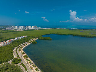 Fototapeta premium Aerial Drone View of Malecón Tajamar in Cancun, Mexico