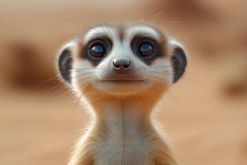 Fototapeta premium Close-up of an adorable meerkat with large, expressive eyes against a desert background.