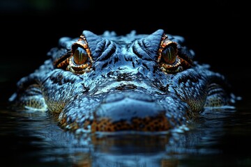 Close-up of an alligator's head partially submerged in water, with intense eyes staring directly at the camera.
