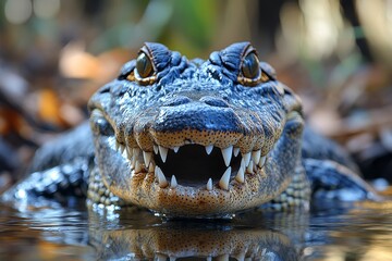 Obraz premium Close-up of a crocodile with its mouth open, showcasing sharp teeth in a natural habitat.