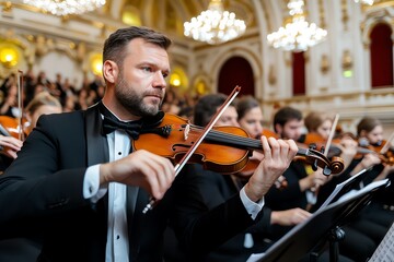 Fototapeta premium Orchestra performing in a grand concert hall, with musicians playing violins, cellos, and brass instruments, the conductor leading them under elegant chandeliers