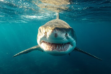 Underwater view of a great white shark swimming in the ocean, showcasing its sharp teeth.