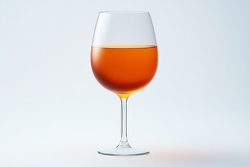 Classic wine glass filled with rich amber colored liquid against a clean white background evoking a minimalist aesthetic and refined taste