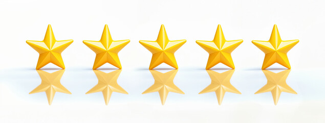 Fototapeta premium Avaliação cinco estrelas sobre fundo reflexivo. 5 estrelas 3d amarelas de plástico com reflexo em fundo branco