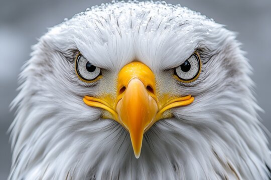 Close-up portrait of a majestic bald eagle with piercing eyes and water droplets on its feathers.