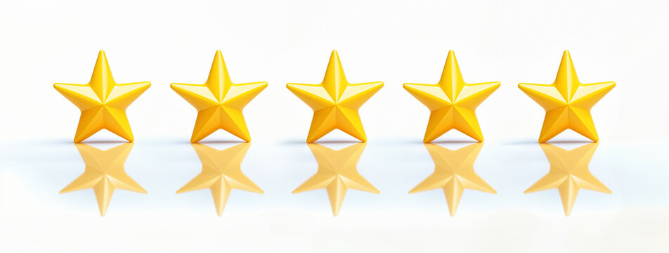Avalia&ccedil;&atilde;o cinco estrelas sobre fundo reflexivo. 5 estrelas 3d amarelas de pl&aacute;stico com reflexo em fundo branco