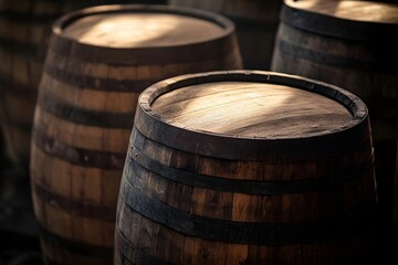 Wooden wine or cognac oak barrels stacked in cool cellar in distillery house. Craft beer or brandy production. Winery and winemaking. Wine aging process. Background for banner, poster, wallpaper