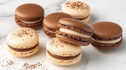 A delightful assortment of colorful macarons arranged artfully on a delicate plate. These French confections showcase a variety of vibrant flavors, each with a smooth, glossy shell and a rich filling.