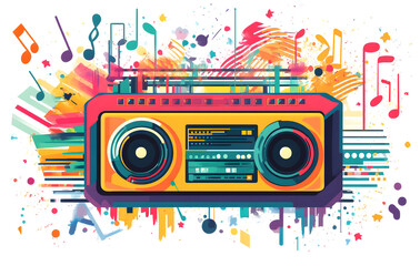 Obraz premium Colorful Retro Boombox with Musical Notes and Abstract Background